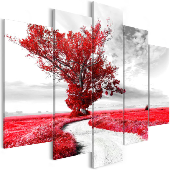 Tablou Tree Near The Road (5 Parts) Red