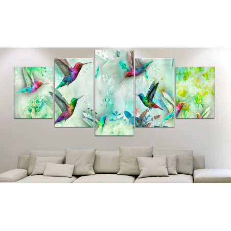 Tablou Colourful Hummingbirds (5 Parts) Wide Green-01