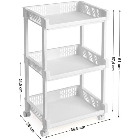 Etajera cu roti si 3 rafturi, Alb, 36.5 x 28 x 61 cm-01