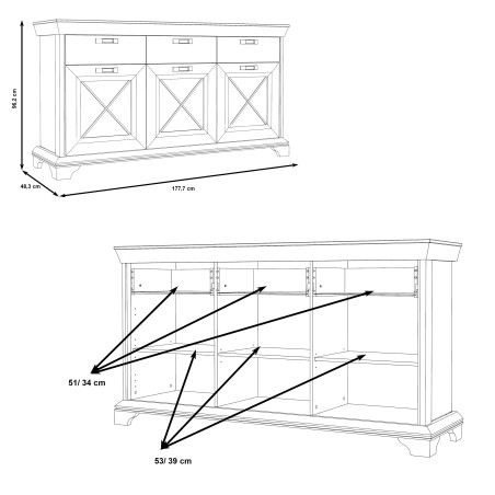 Bufet Kashmir, 3Usi + 3Sertare, Pin Alb, 96 x 48.5 x 123 Cm-01