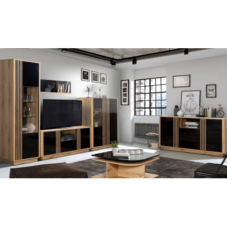 Highboard Como, 2Usi + 1Sertar, Natur & Negru, 129 x 45 x 110 Cm-01